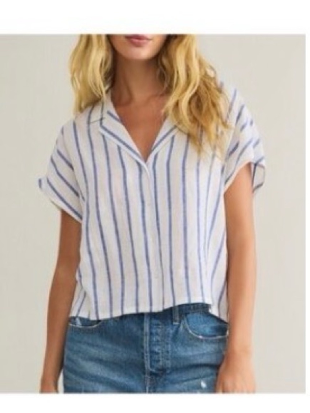 Z Supply Blue Stripe Button-Front Linen Top Short Sleeve Shirt Medium
